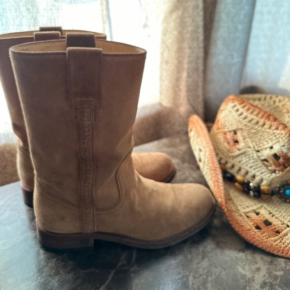 CHANEL Tan Suede Mid Calf Boots